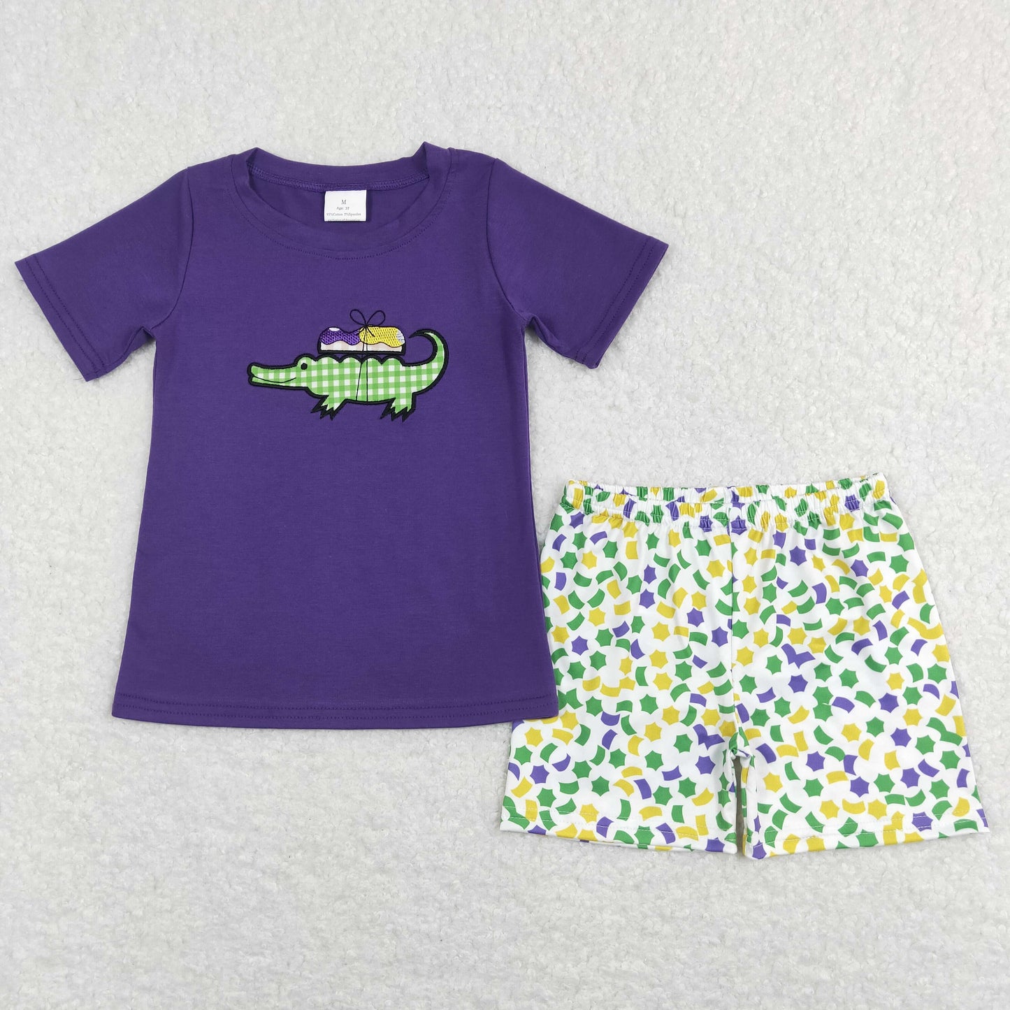 BSSO0410  Crocodile Embroidery Purple Top Boys Shorts Mardi Gras Clothes Set