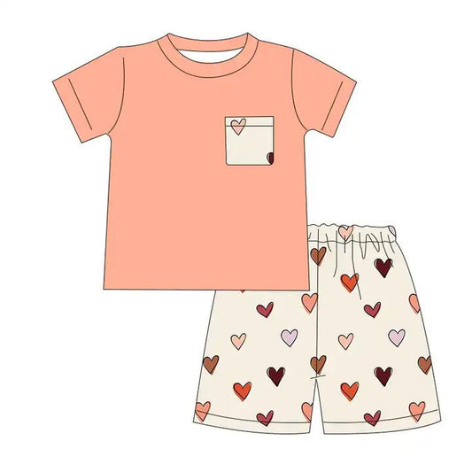 (Pre-order)BSSO0412 Orange Pocket Top Heart Print Shorts Boys Valentine's Clothes Set