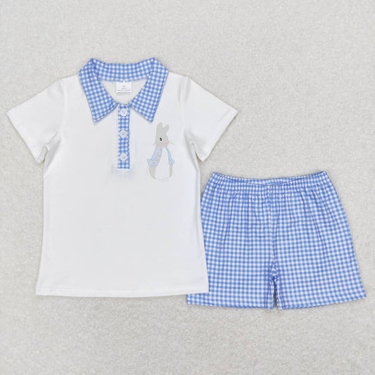 BSSO0415 Bunny Top Blue Plaid Shorts Boys Easter Clothes Set
