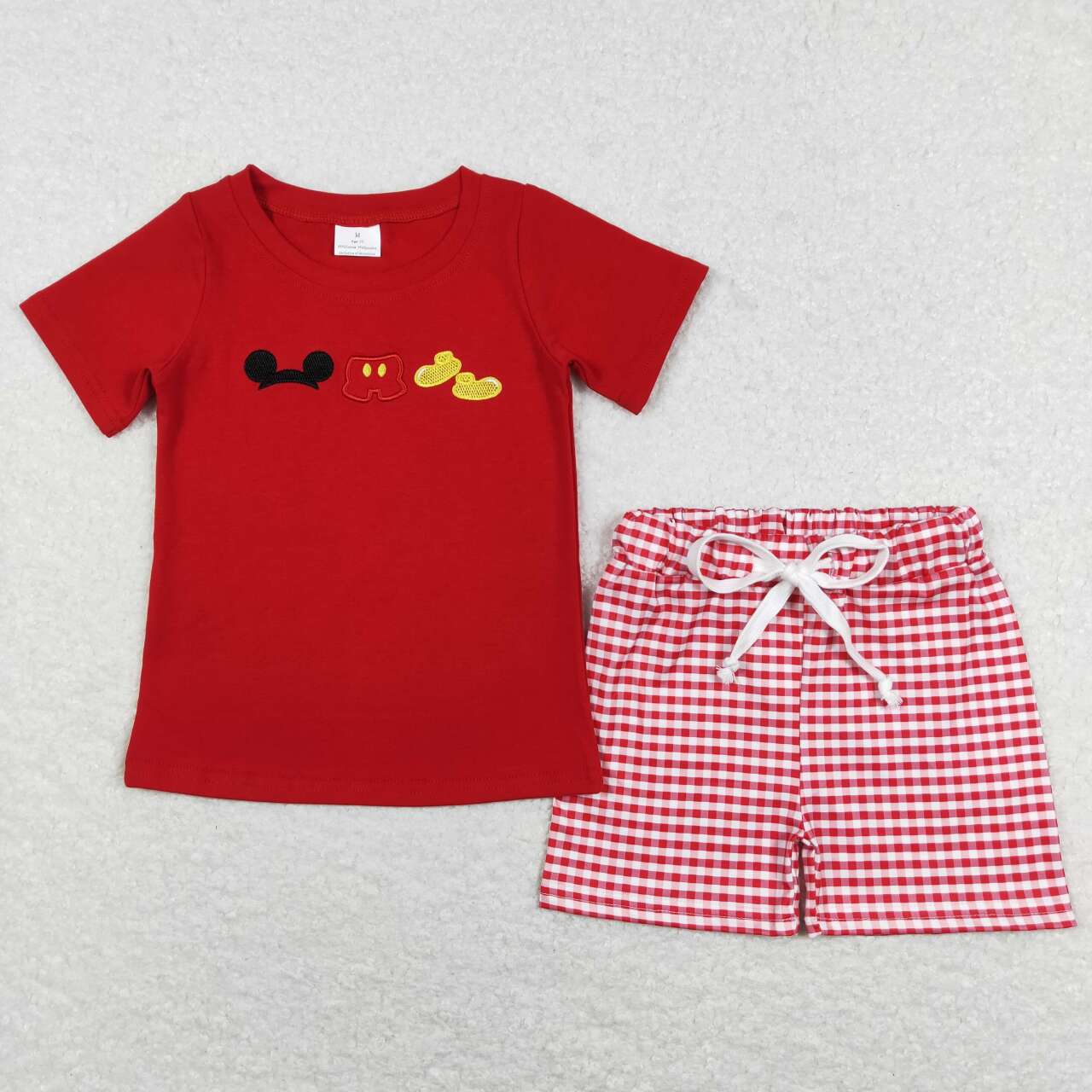 BSSO0416 Red Cartoon Mouse Embroidery Top Plaid Shorts Boys Summer Clothes Set