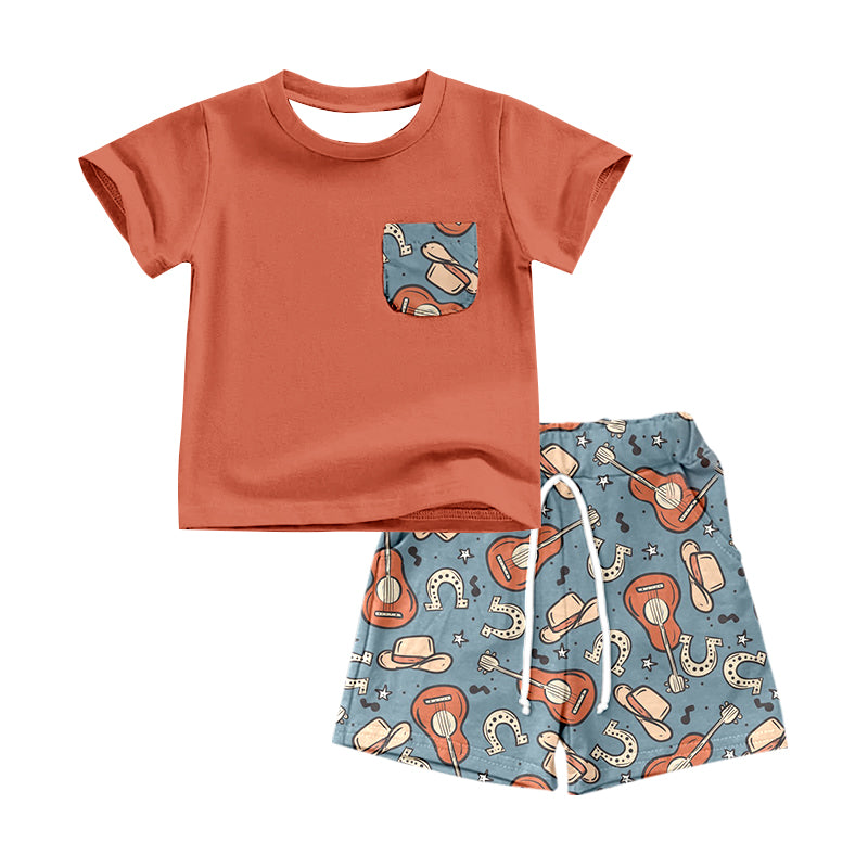 (Pre-order)BSSO0425 Guitar Hat Cowboy Western Print Shorts Boys Summer Clothes Set