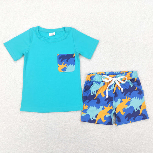 BSSO0444 Blue Pocket Top Dino Shorts Boys Summer Clothes Set