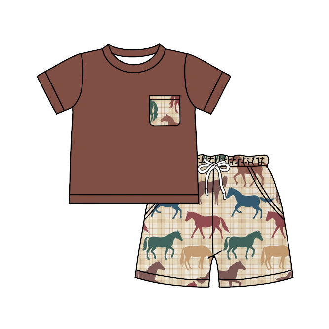 (Pre-order)BSSO0445 Brown Pocket Top Horse Shorts Boys Summer Clothes Set