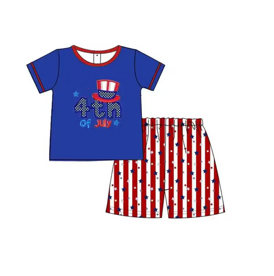 (Pre-order)BSSO0456 4th of July Hat Print Top Star Stripes Shorts Boys Clothes Set