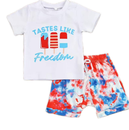 (Pre-order)BSSO0462 Tastes Like Freedom Top Tie-dye Shorts Boys 4th of July Cothes Set