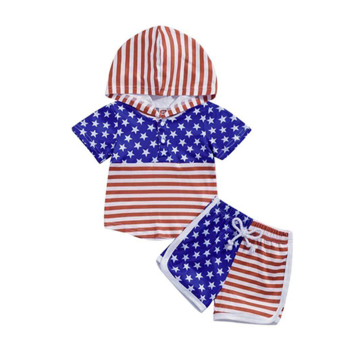 (Pre-order)BSSO0463 Star Stripes Hoodie Top Shorts Boys 4th of July Cothes Set