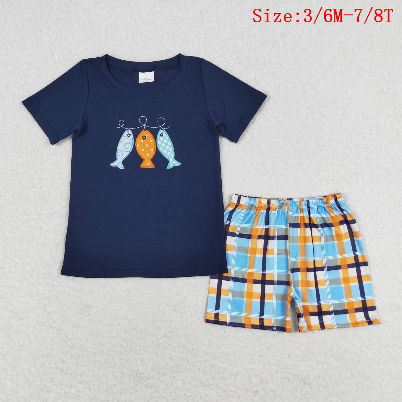 BSSO0465  Fish Embroidery Navy Top Plaid Shorts Boys Summer Cothes Set