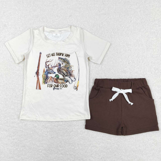 BSSO0471 Let us thank him for our food Top Brown Shorts Boys Summer Clothes Set