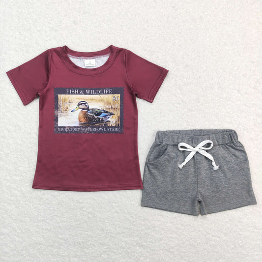 BSSO0472 Fish & Wildlife Duck Wine Top Grey Shorts Boys Summer Clothes Set