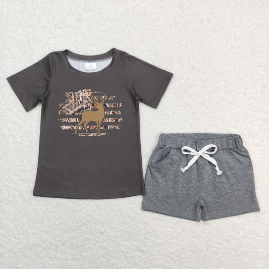 BSSO0473 Deer Print Top Grey Shorts Boys Summer Clothes Set