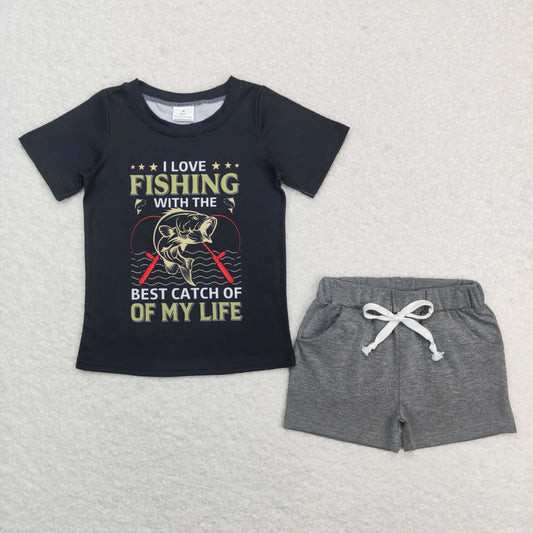 BSSO0474 I Love Fishing Print Top Grey Shorts Boys Summer Clothes Set