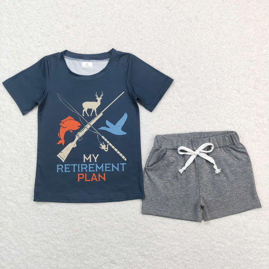 BSSO0475 My Retirement Plan Print Top Grey Shorts Boys Summer Clothes Set