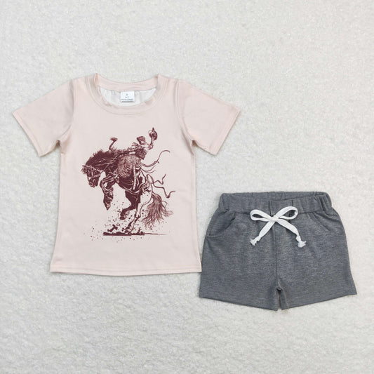 BSSO0476 Rodeo Print Top Grey Shorts Boys Summer Clothes Set