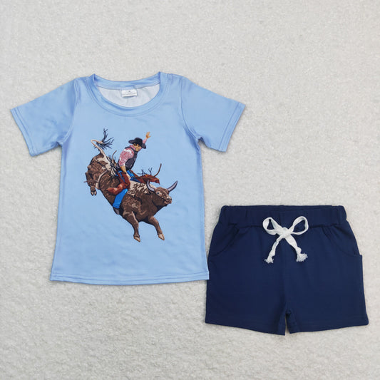 BSSO0477 Blue Rodeo Top Navy Shorts Boys Summer Clothes Set