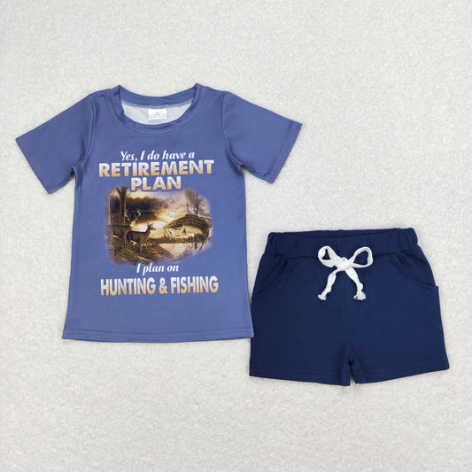 BSSO0478 I Plan On Hunting & Fishing Print Top Navy Shorts Boys Summer Clothes Set