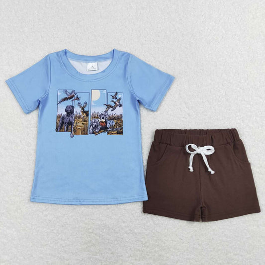 BSSO0488 Dog Duck Deer Blue Top Brown Shorts Boys Summer Clothes Set