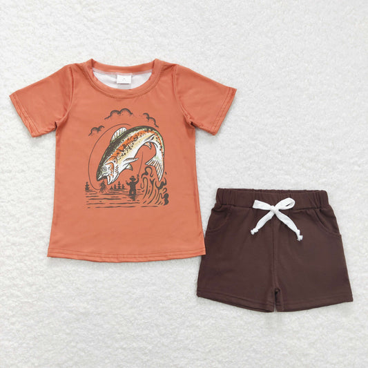 BSSO0489 Fishing Orange Top Brown Shorts Boys Summer Clothes Set