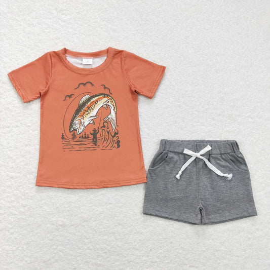 BSSO0490 Fishing Orange Top Grey Shorts Boys Summer Clothes Set