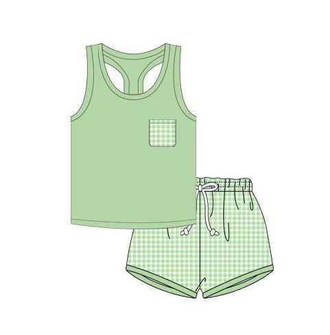 (Pre-order)BSSO0491 Green Pocket Vest Plaid Shorts Boys Summer Clothes Set