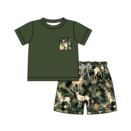 (Pre-order)BSSO0493 Green Pocket Top Camo Deer Shorts Boys Summer Clothes Set