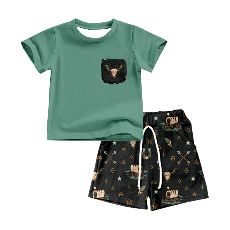 (Pre-order)BSSO0502 Green Pocket Top Cow Skull Shorts Boys Summer Clothes Set