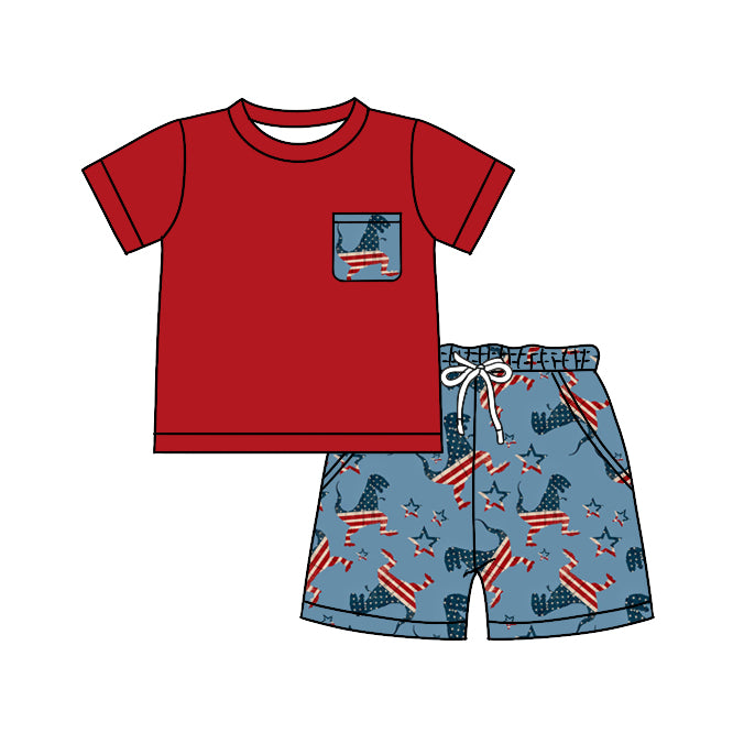 (Pre-order)BSSO0519 Red Pocket Top Dino Flag Shorts Boys 4th of July Clothes Set