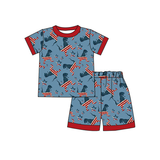 (Pre-order)BSSO0520 Dino Flag Shorts Boys 4th of July Pajamas Clothes Set