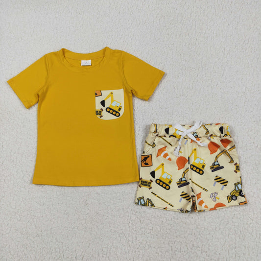 BSSO0529 Yellow Pocket Top Construction Shorts Boys Summer Clothes Set