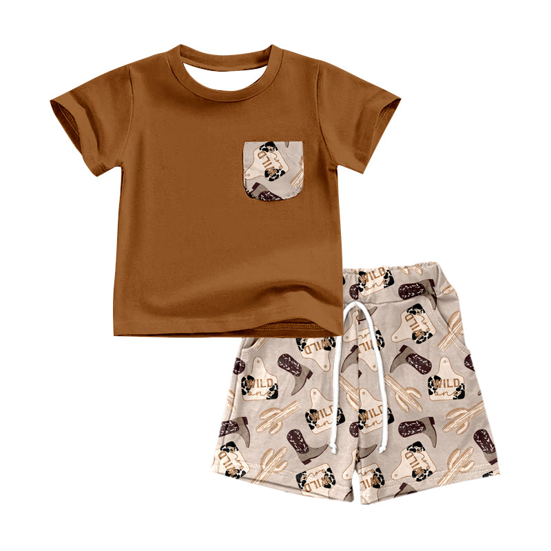 (Pre-order)BSSO0534 Brown Pocket Top Wild Cow Tag Shorts Boys Summer Clothes Set