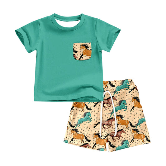 (Pre-order)BSSO0539 Green Pocket Top Horse Shorts Boys Summer Clothes Set
