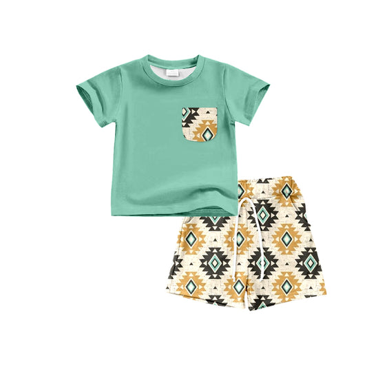 (Pre-order)BSSO0546 Green Pocket Top Aztec Shorts Boys Summer Clothes Set