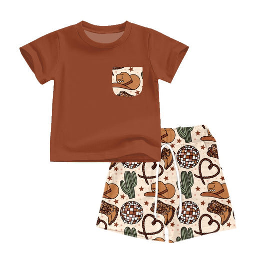 (Pre-order)BSSO0550 Brown Pocket Top Hat Boots Cactus Print Boys Summer Clothes Set