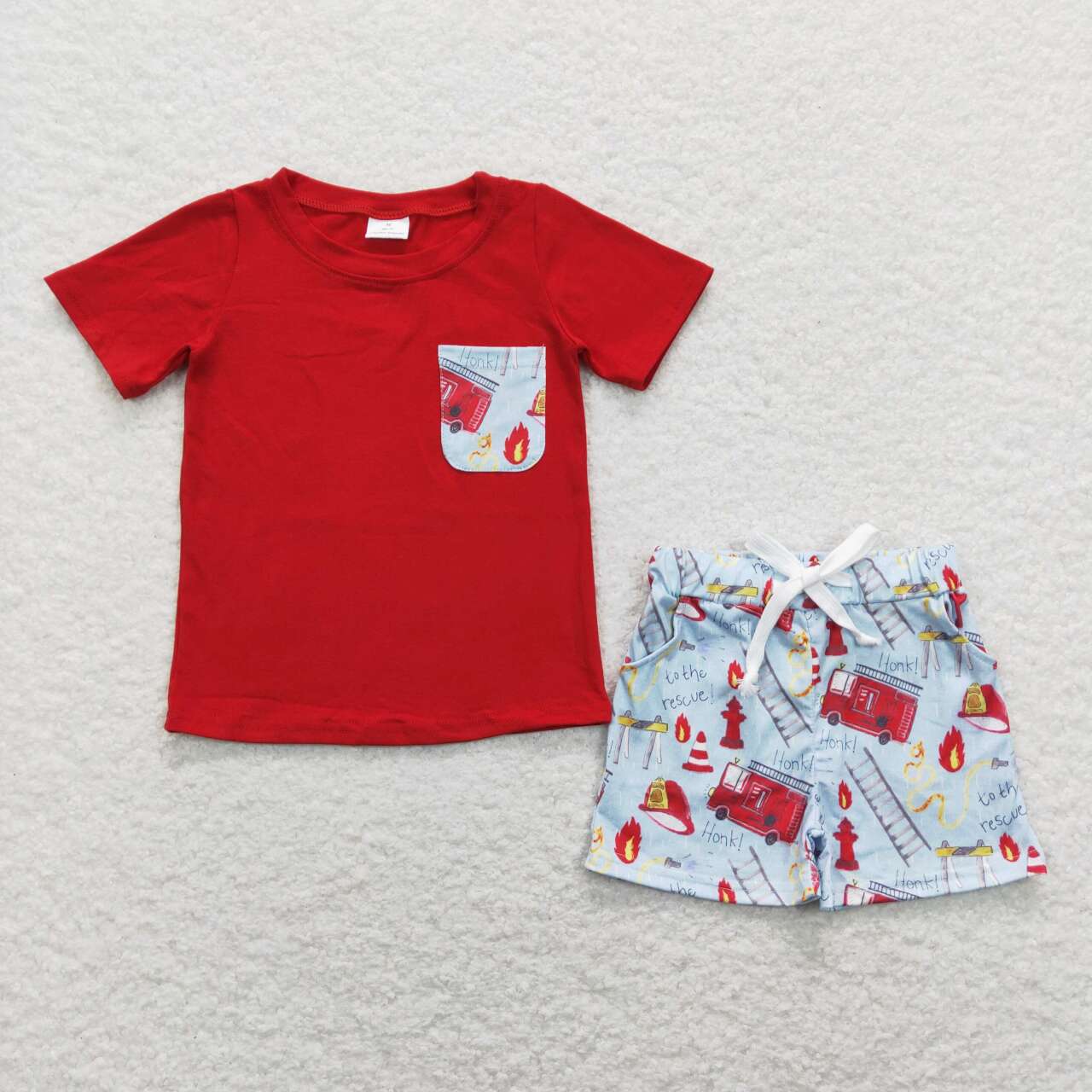 BSSO0557 Red Pocket Top Fire Engine Shorts Boys Summer Clothes Set