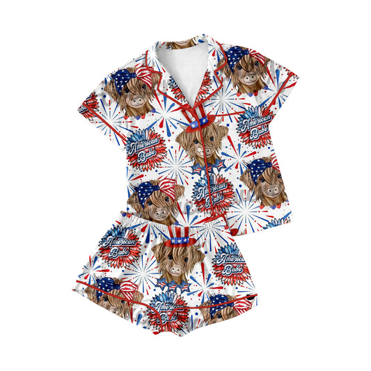 (Pre-order)BSSO0562 Highland Cow Fireworks Print Boys 4th of July Pajamas Clothes Set