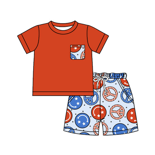 (Pre-order)BSSO0564 Red Pocket Top Smiling Face Shorts Boys 4th of July Clothes Set