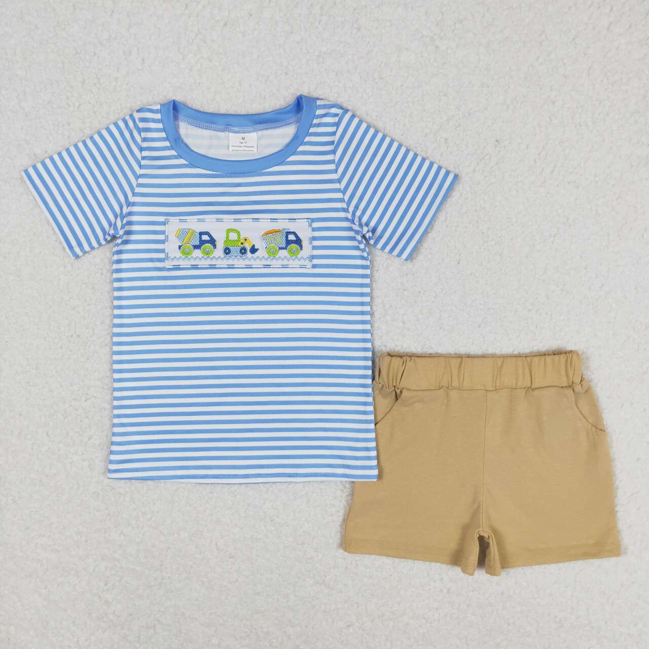 BSSO0572 Construction Embroidery Blue Stripes Top Shorts Boys Summer Clothes Set