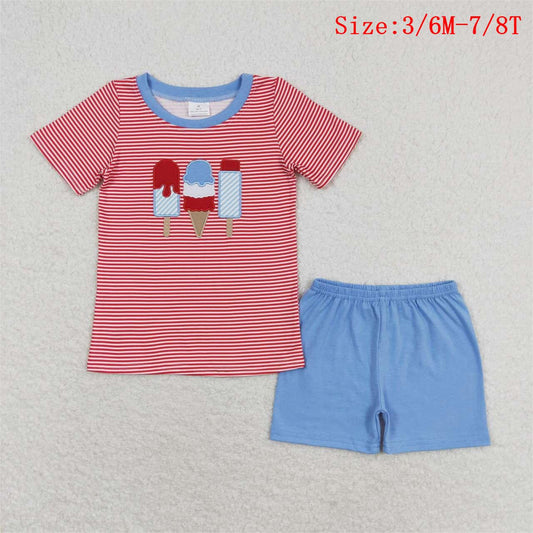 BSSO0576 Popsicle Embroidery Red Stripes Top Blue Shorts Boys 4th of July Clothes Set
