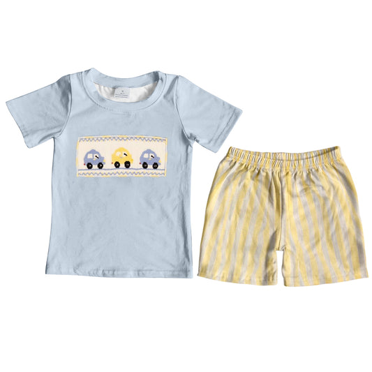 (Pre-order)BSSO0617 Car Print Top Yellow Stripes Shorts Boys Summer Clothes Set
