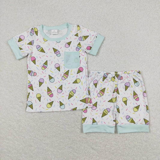 BSSO0622 Ice Cone Popsicle Print Pocket Kids Summer Pajamas Clothes Set