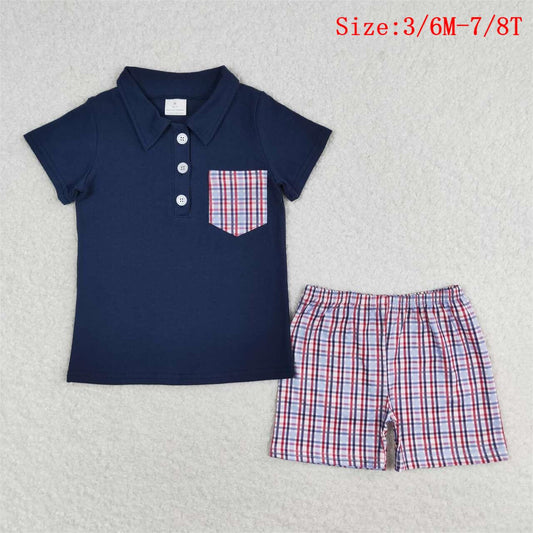 BSSO0628 Navy Pocket Polo Top Plaid Shorts Boys 4th of July Clothes Set