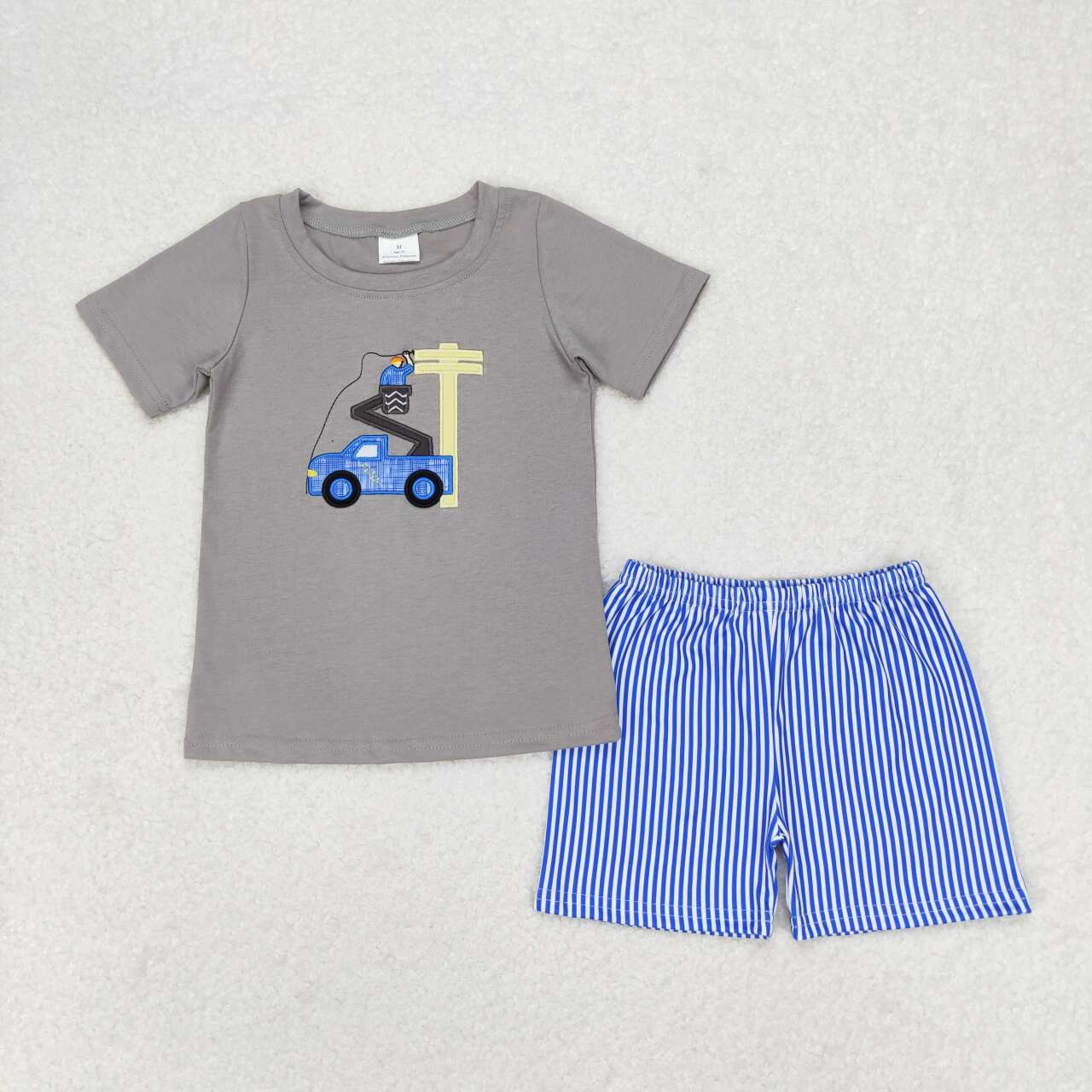 BSSO0631 Worker Embroidery Grey Top Stripes Shorts Boys Summer Clothes Set