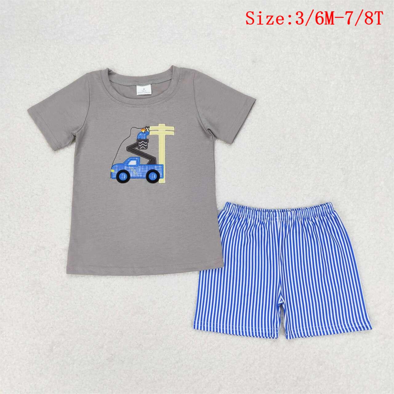 BSSO0631 Worker Embroidery Grey Top Stripes Shorts Boys Summer Clothes Set