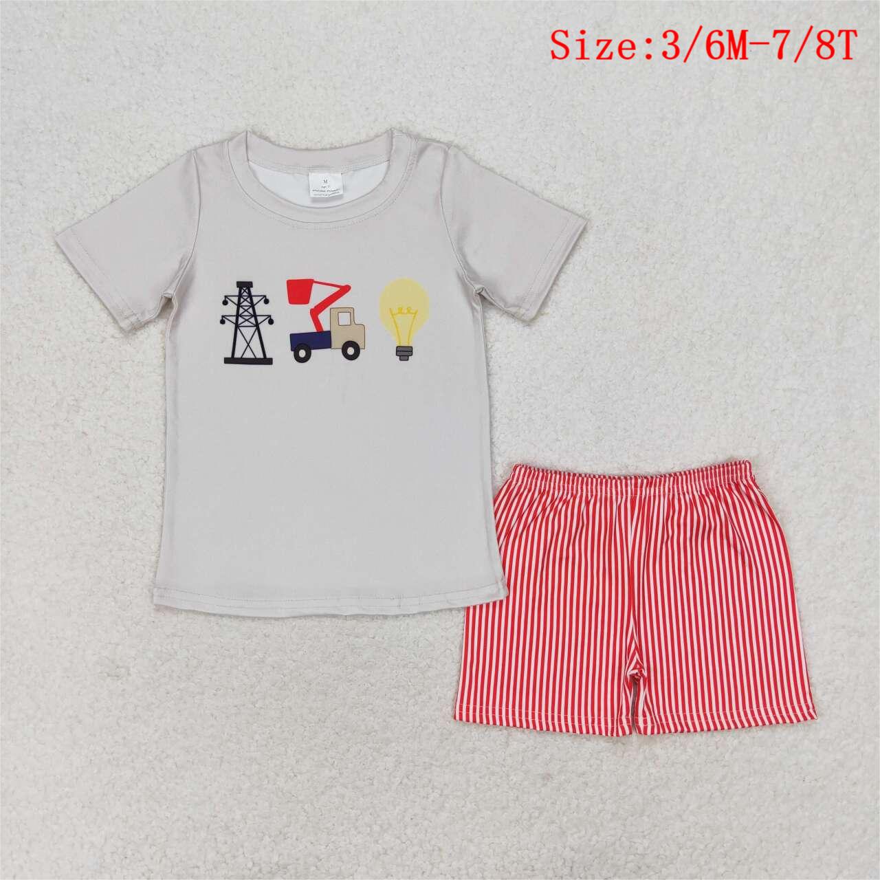 BSSO0632 Construction Light Print Top Stripes Shorts Boys Summer Clothes Set