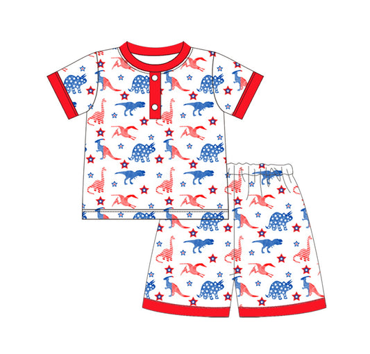 (Pre-order)BSSO0644 Dino Star Print Girls 4th of July Pajamas Clothes Set