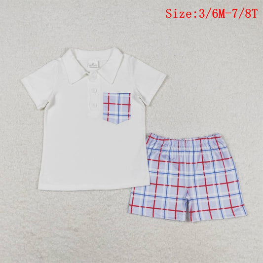 BSSO0651  White Pocket Polo Top Plaid Shorts Boys Summer Clothes Set