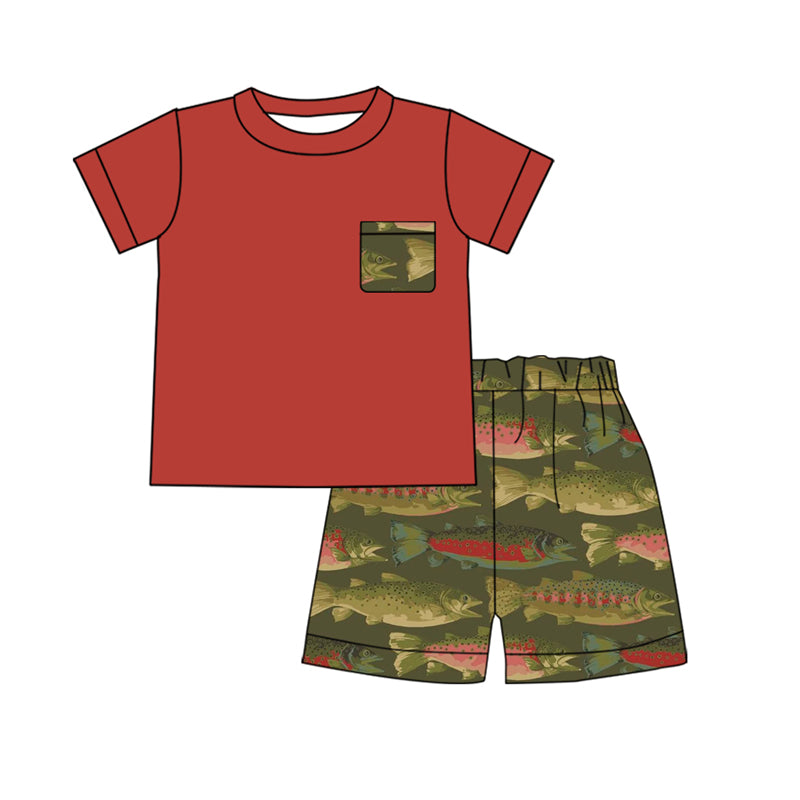 (Pre-order)BSSO0661  Red Pocket Top Fish Shorts Boys Summer Clothes Set