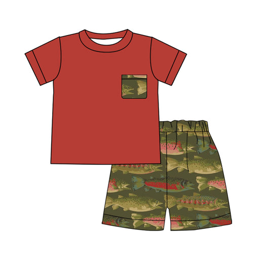 (Pre-order)BSSO0661  Red Pocket Top Fish Shorts Boys Summer Clothes Set