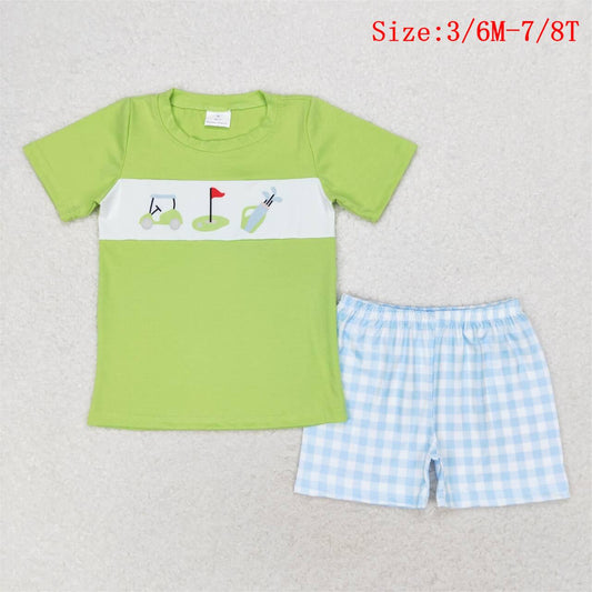 BSSO0667  Golf Print Green Top Blue Plaid Shorts Boys Summer Clothes Set