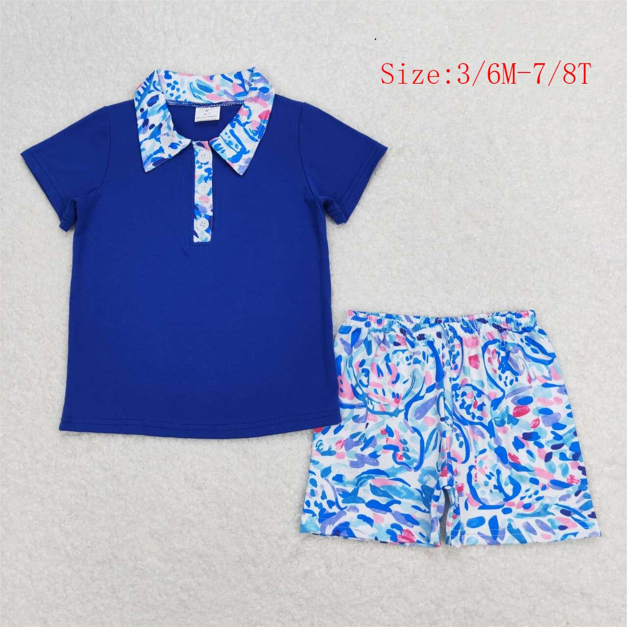 BSSO0673  Blue Polo Top Seaweed Flowers Shorts Boys Summer Clothes Set