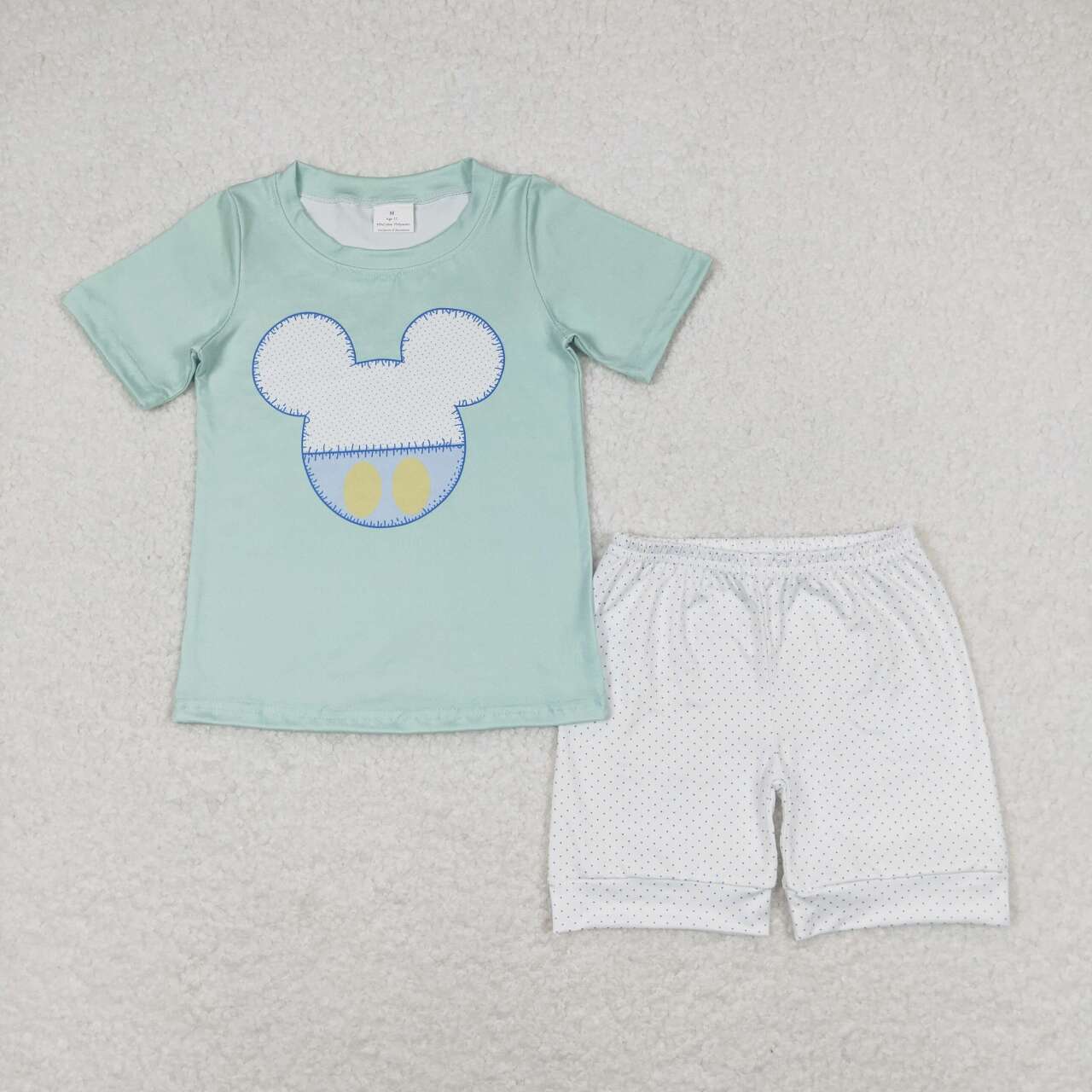 BSSO0675  Green Cartoon Mouse Top Dots Shorts Boys Summer Clothes Set